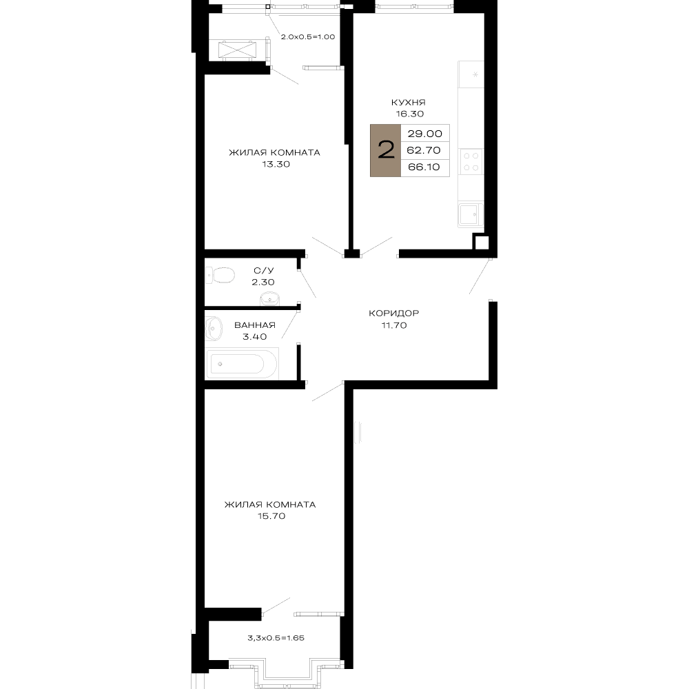 2-к, 66.1 м² · Сердце