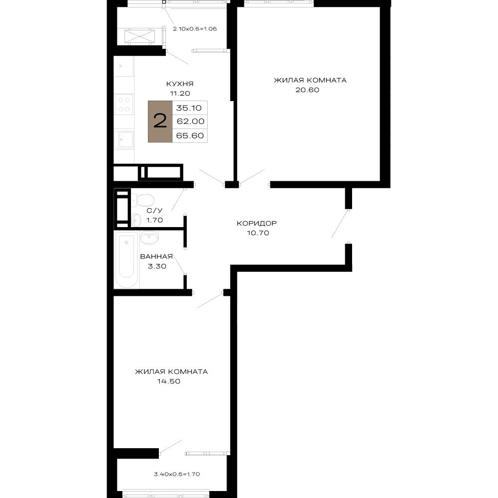 2-к, 65.6 м² · Сердце
