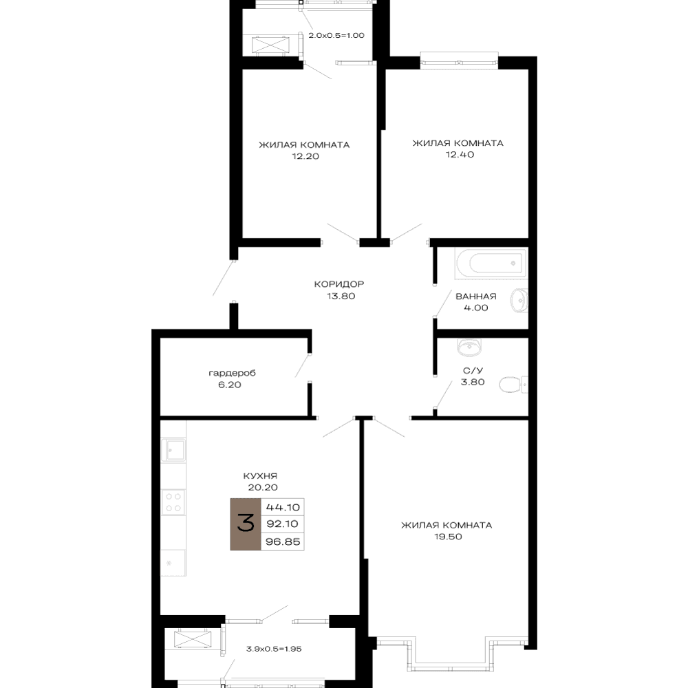 3-к, 96.85 м² · Сердце