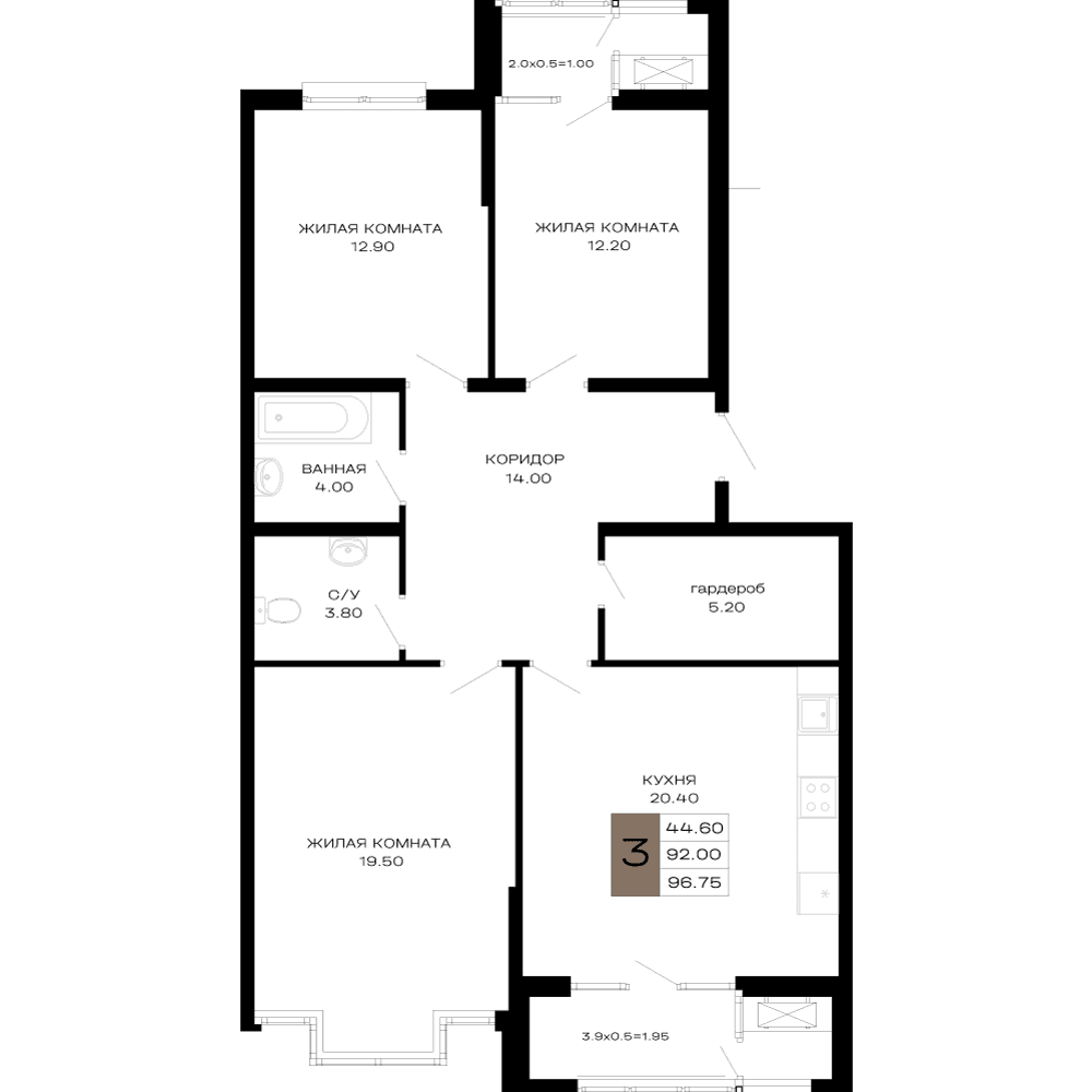 3-к, 96.75 м² · Сердце