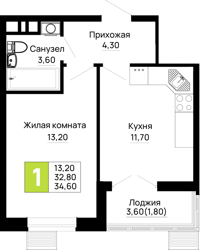 1-к, 34.6 м² · Традиции