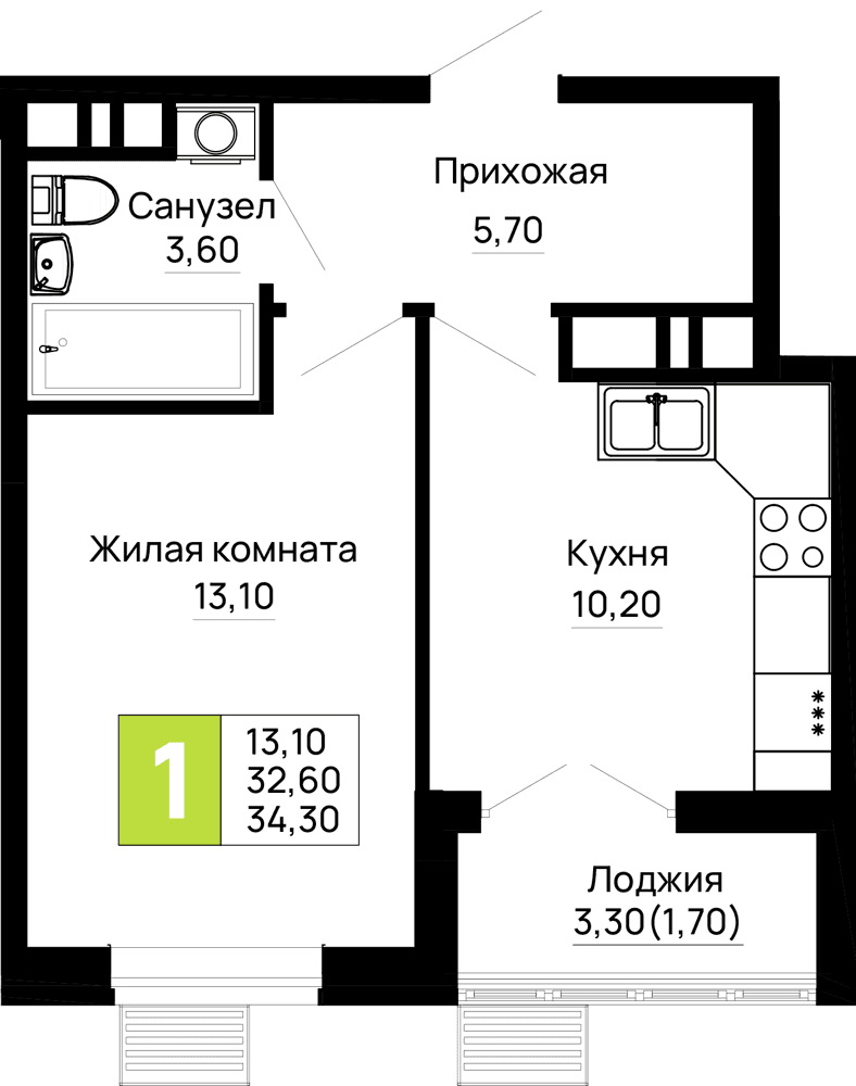 1-к, 34.3 м² · Традиции