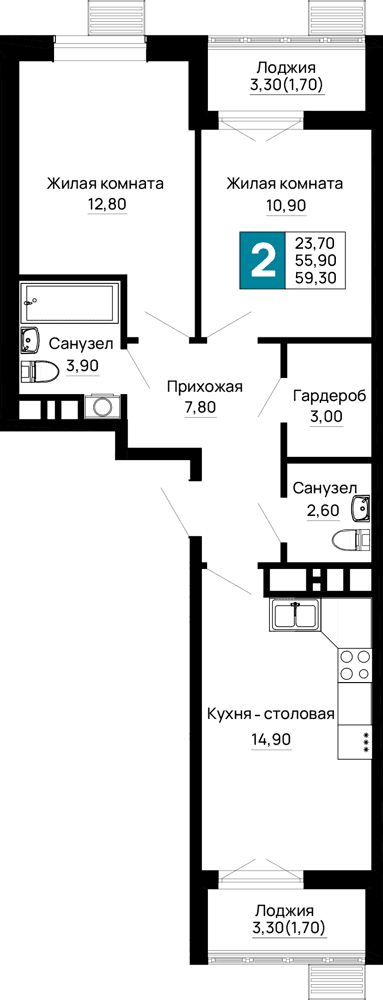 2-к, 59.3 м² · Традиции