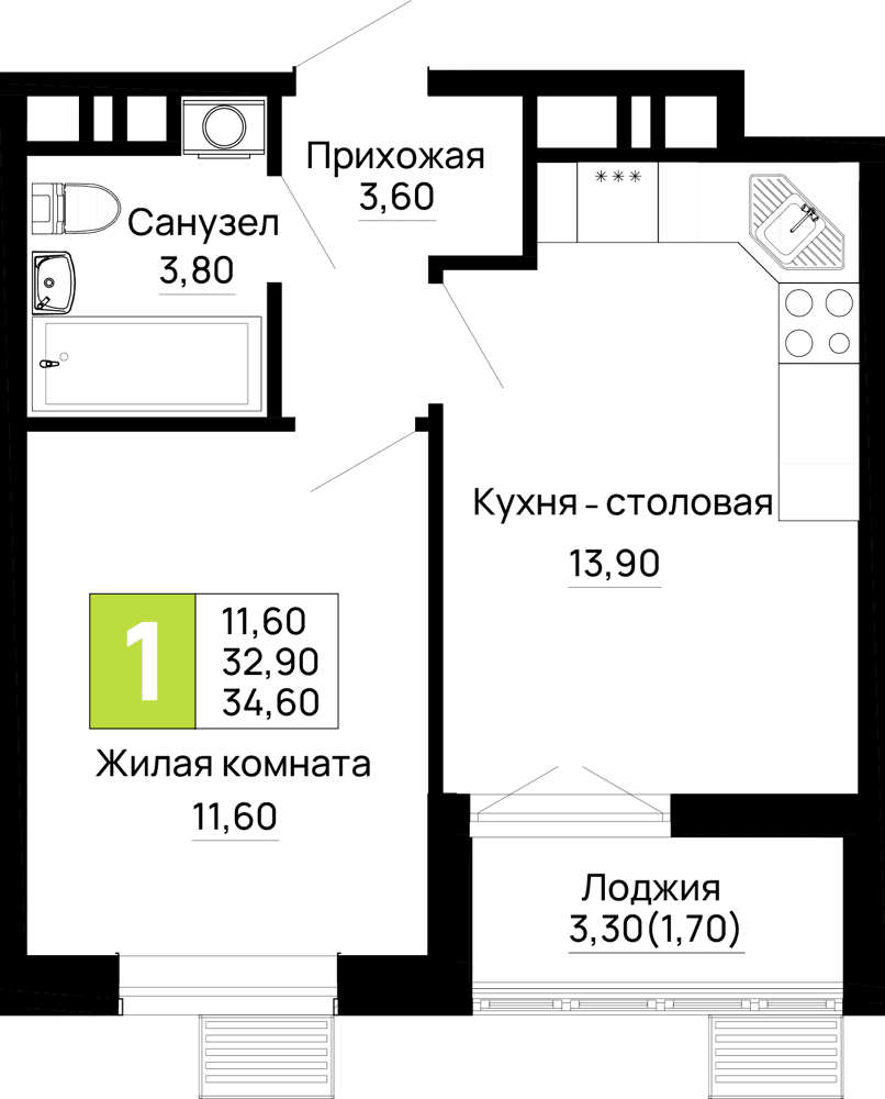 1-к, 34.6 м² · Традиции