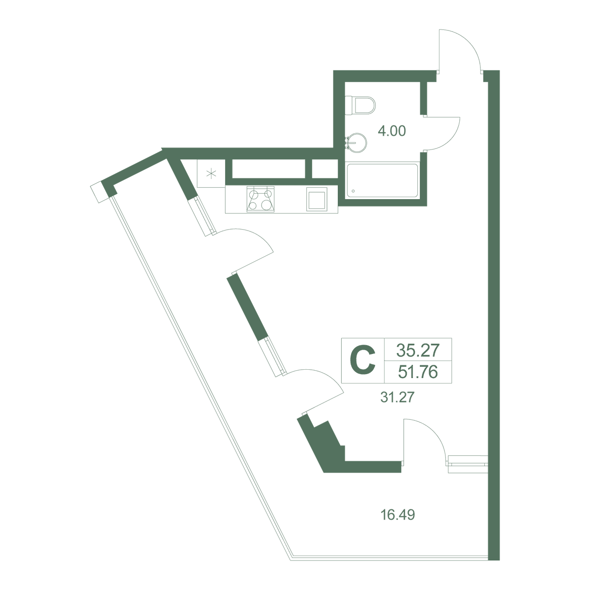 Студия, 51.2 м² · Резиденция Дарсан