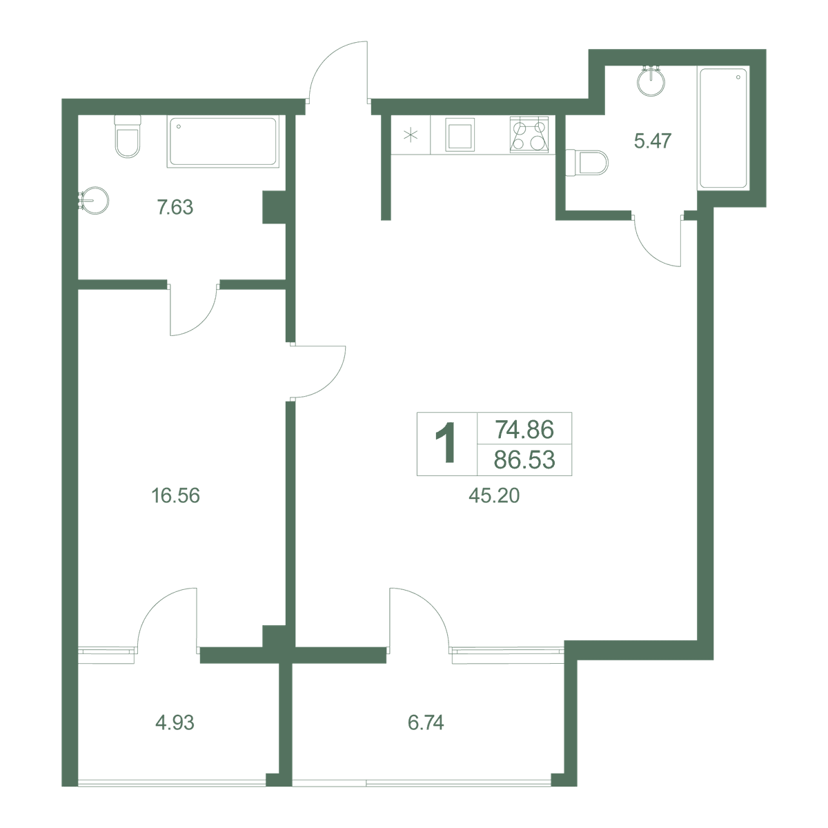 1-к, 88.6 м² · Резиденция Дарсан