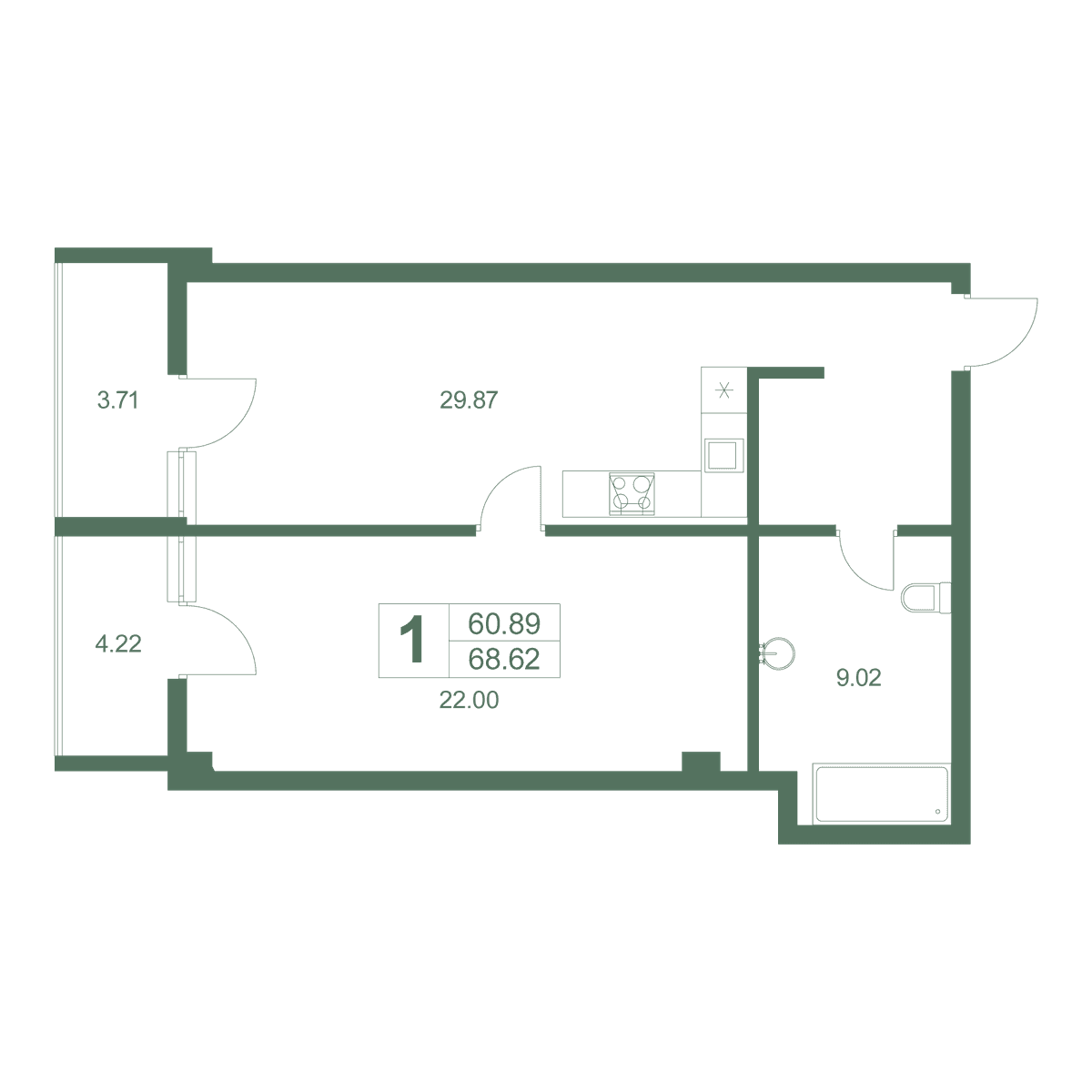 1-к, 71.4 м² · Резиденция Дарсан