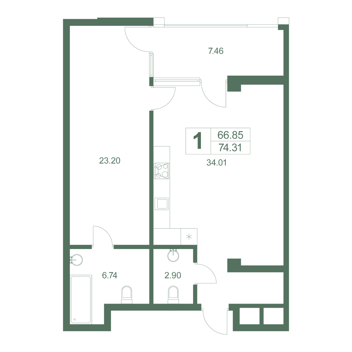 1-к, 75.3 м² · Резиденция Дарсан