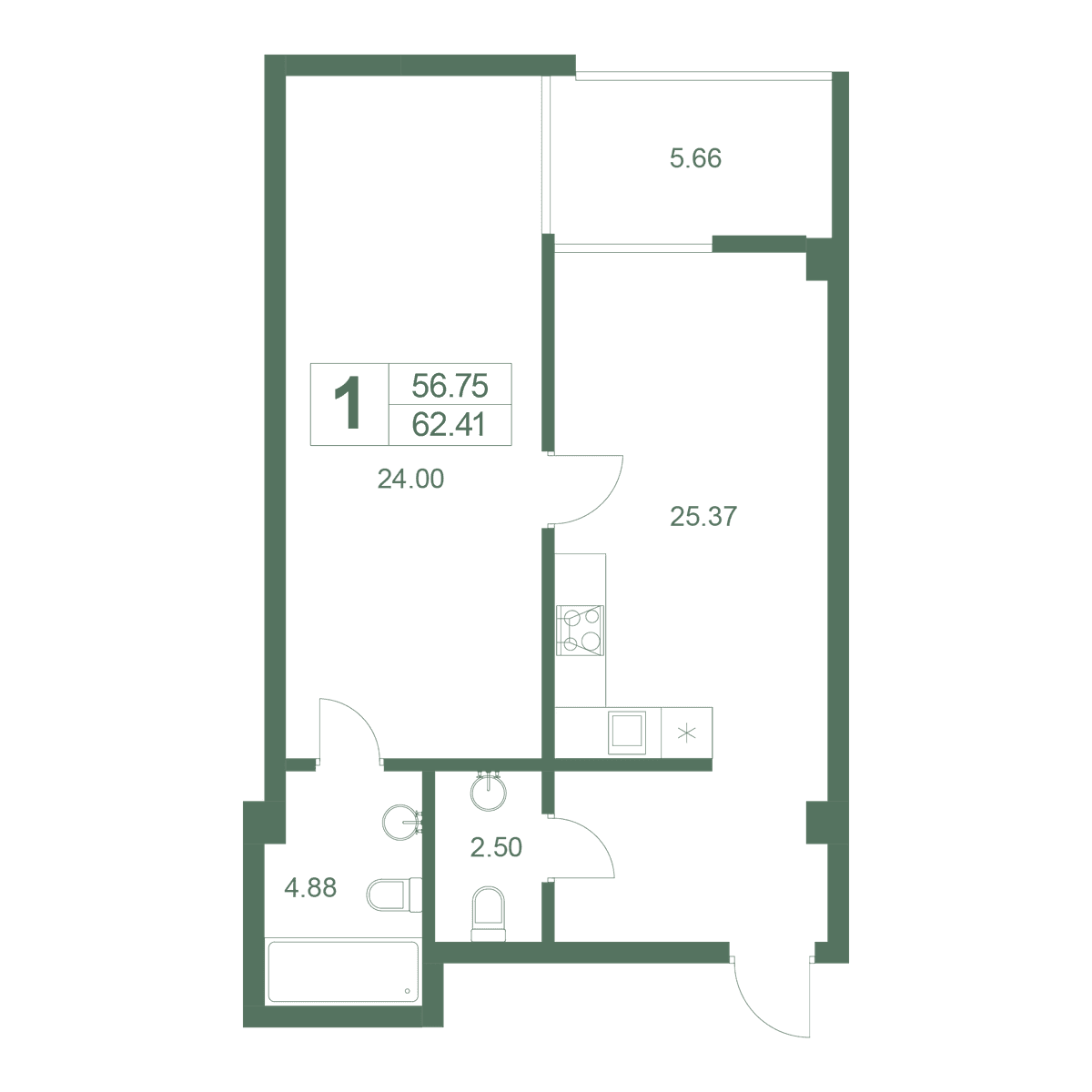 1-к, 62.41 м² · Резиденция Дарсан