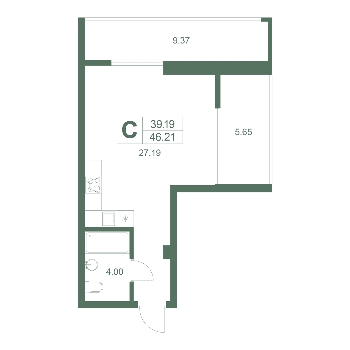 Студия, 46.21 м² · Резиденция Дарсан