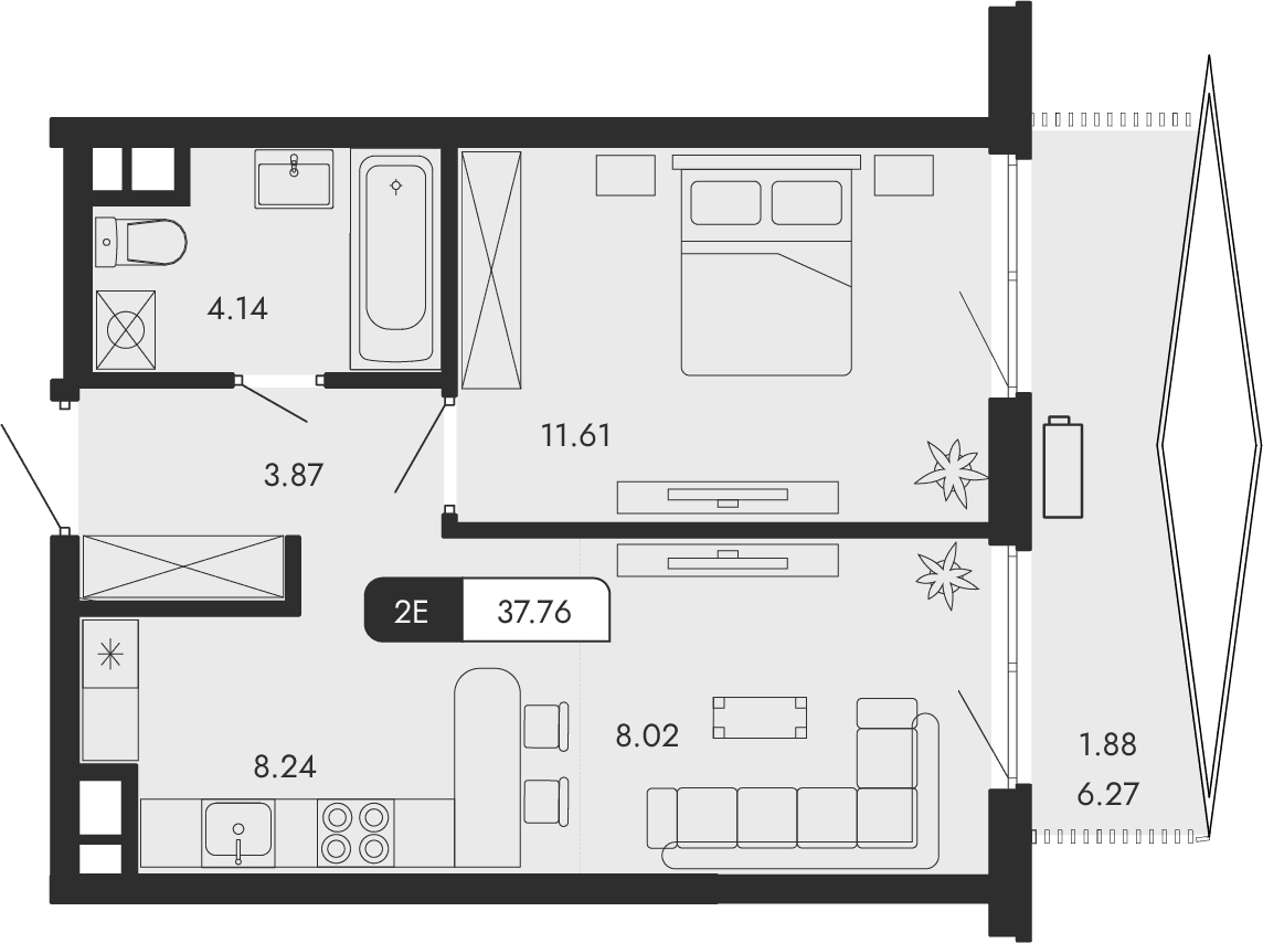 2-к, 37.76 м² · Парковая Резиденция