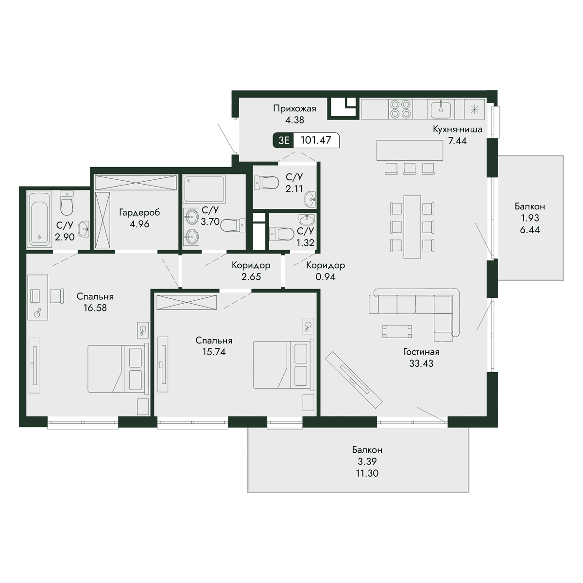 3-к, 101.47 м² · Парковая Резиденция