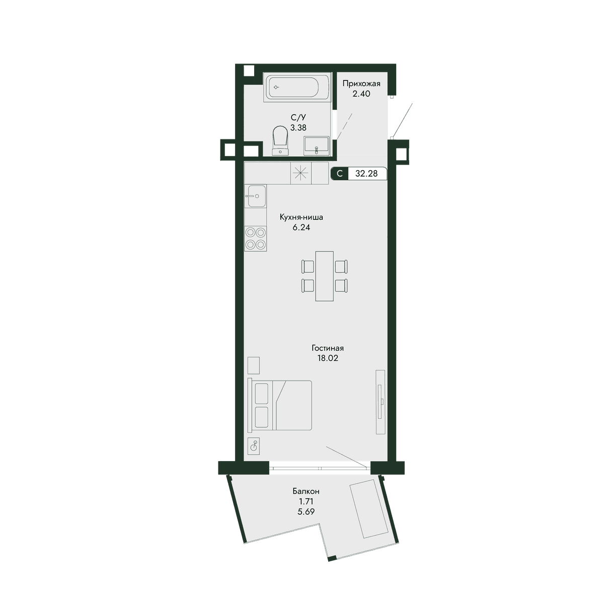 1-к, 32.28 м² · Парковая Резиденция