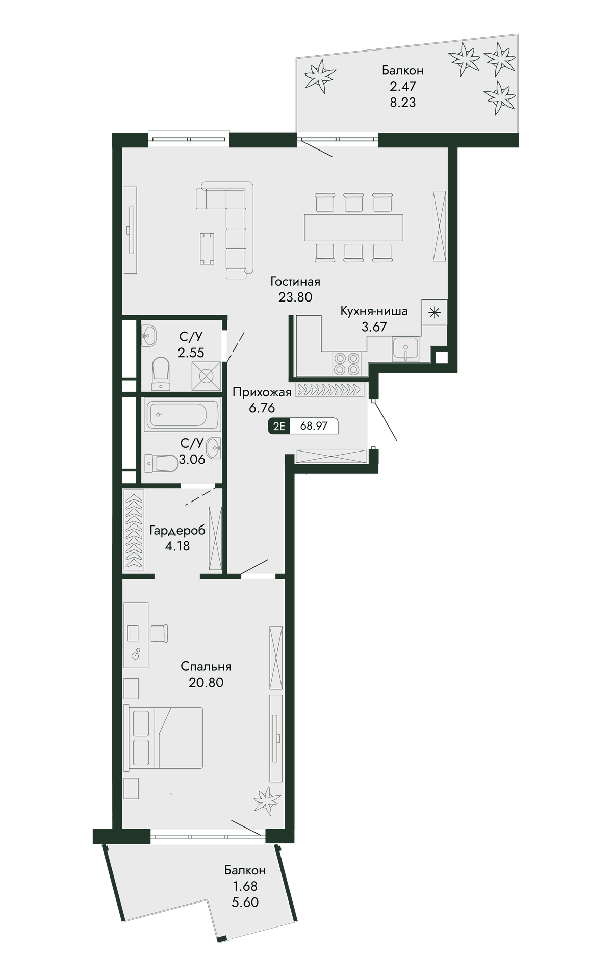 2-к, 68.97 м² · Парковая Резиденция
