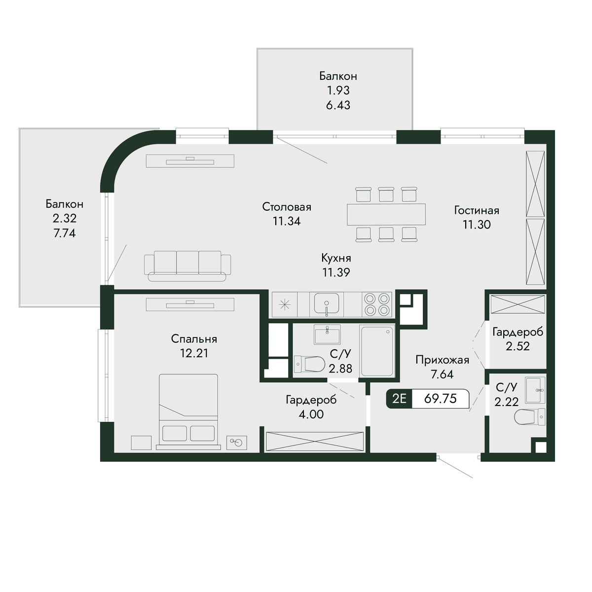 2-к, 69.75 м² · Парковая Резиденция