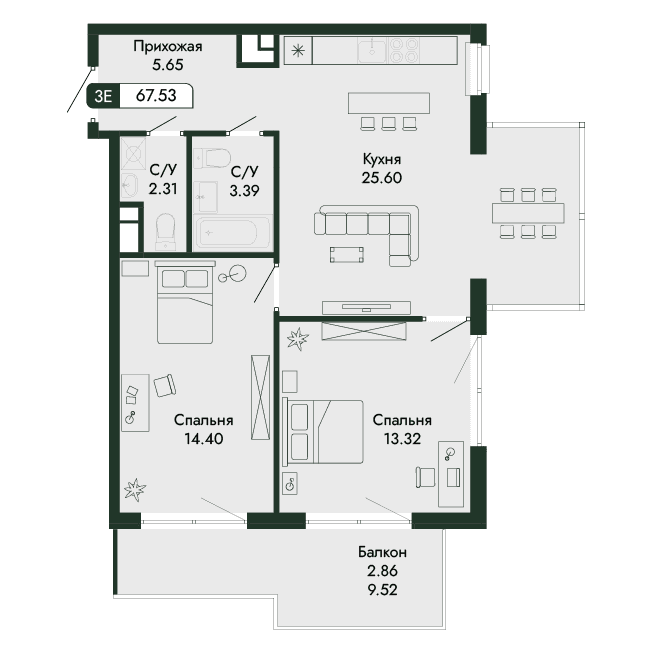 3-к, 67.53 м² · Парковая Резиденция
