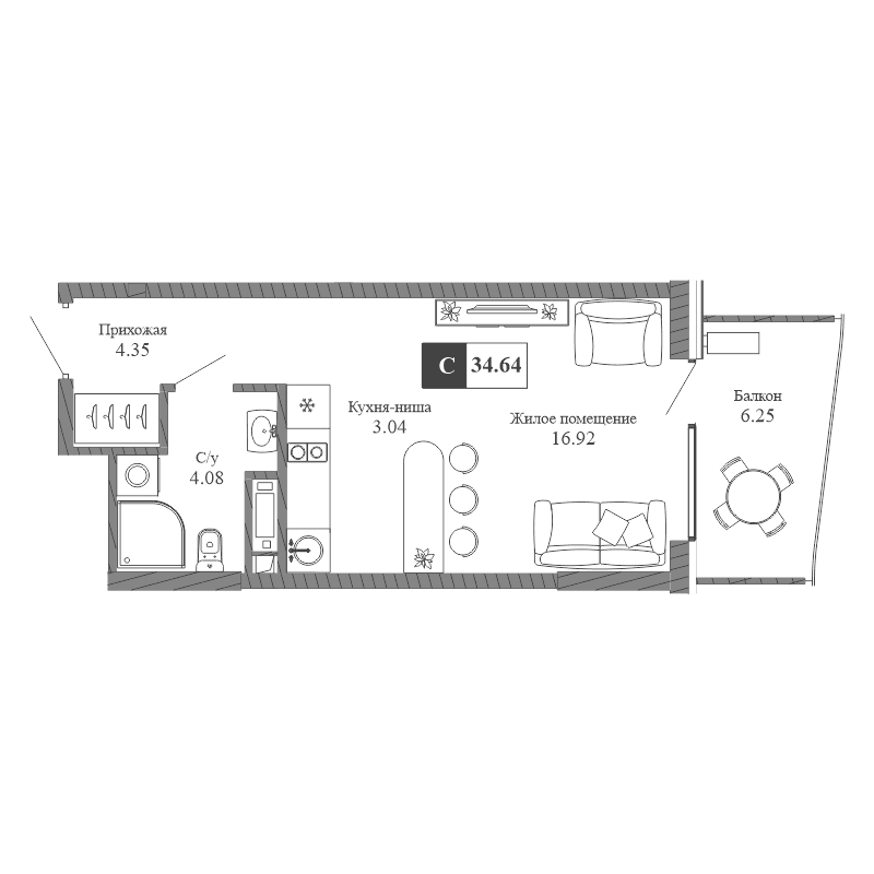 1-к, 34.64 м² · Крымская Резиденция