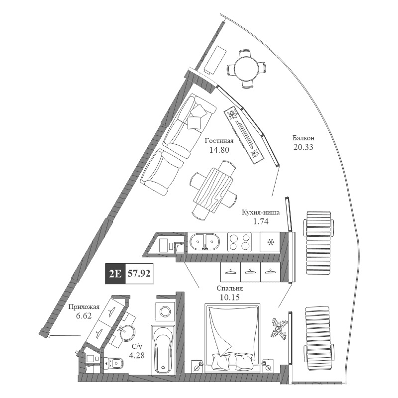2-к, 57.92 м² · Крымская Резиденция