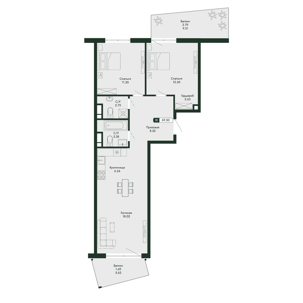 3-к, 69.5 м² · Парковая Резиденция