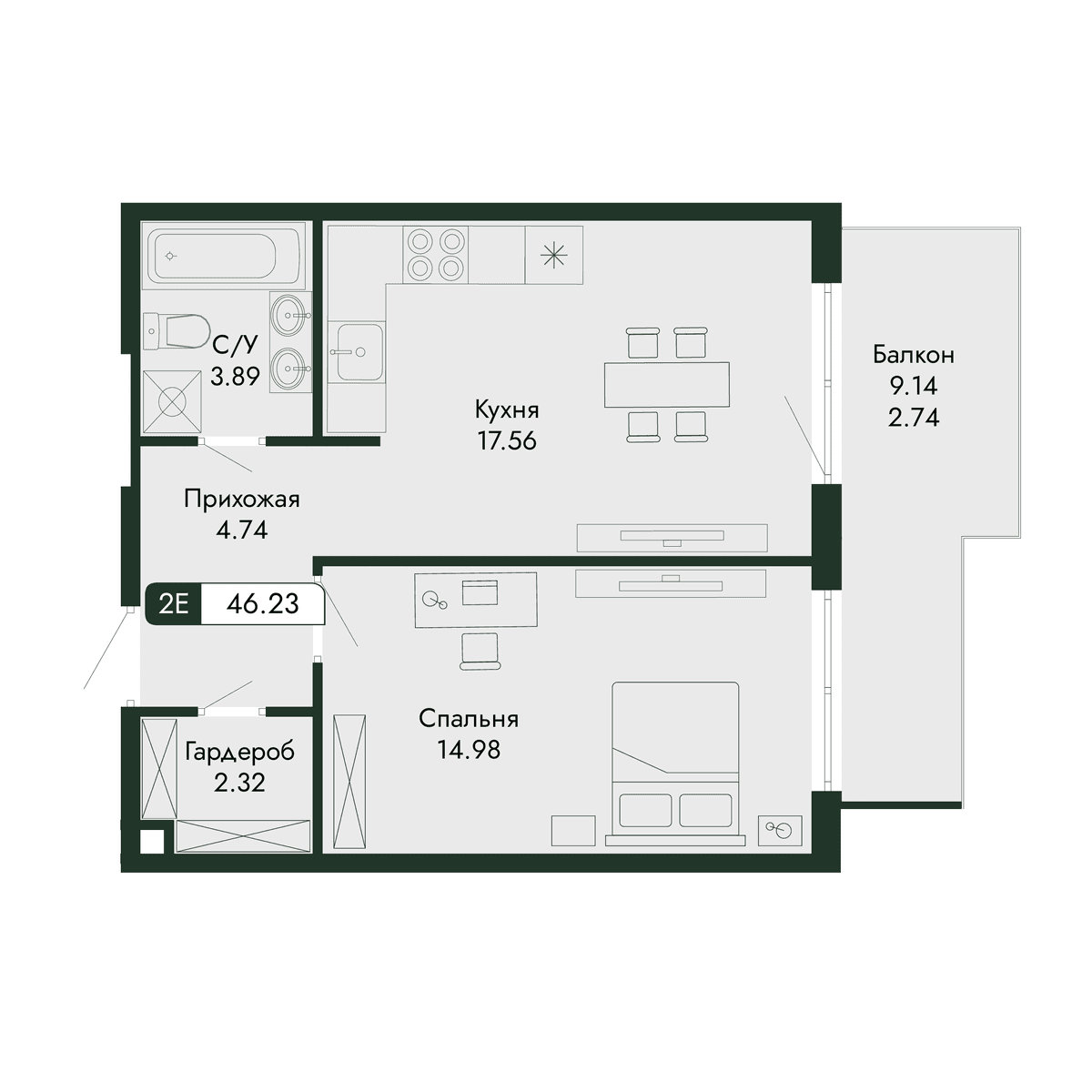 2-к, 46.23 м² · Парковая Резиденция