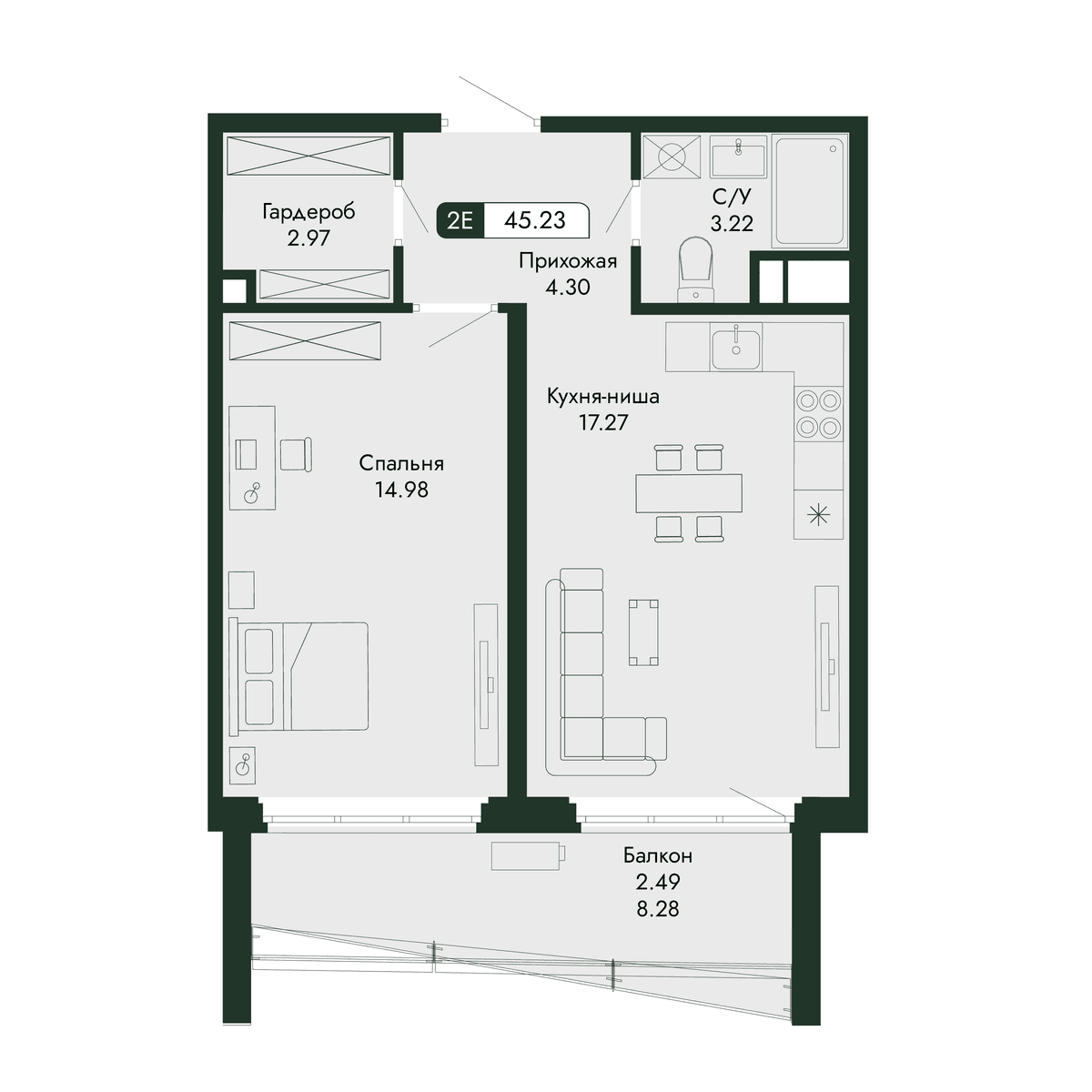 2-к, 45.23 м² · Парковая Резиденция