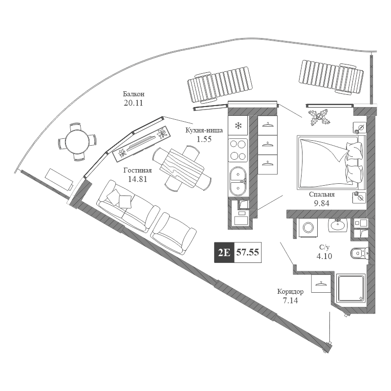 2-к, 57.55 м² · Крымская Резиденция