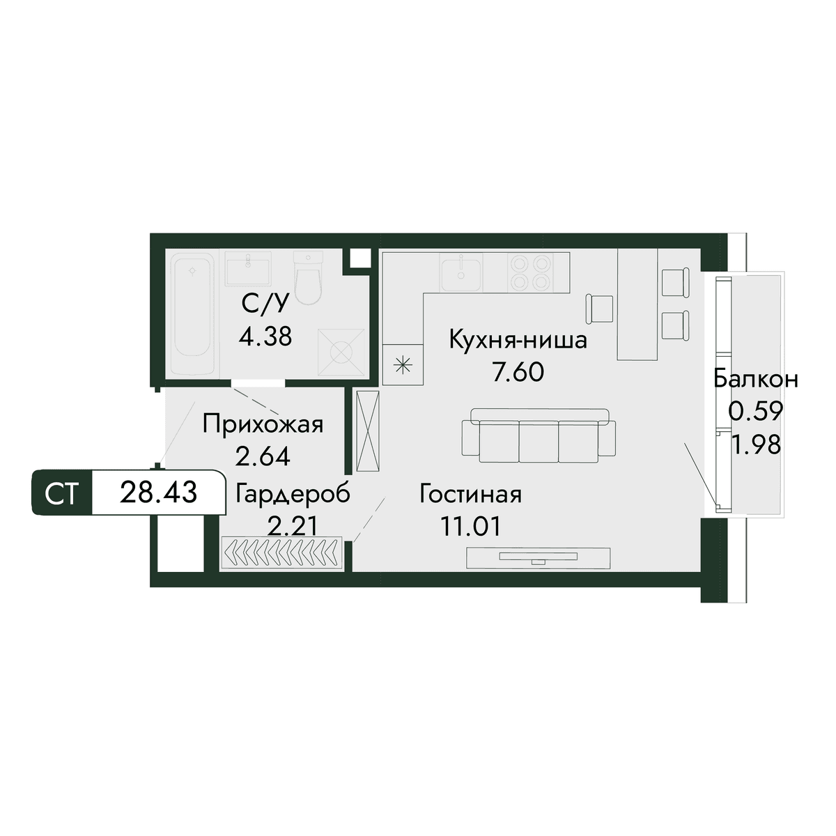 1-к, 28.43 м² · Парковая Резиденция