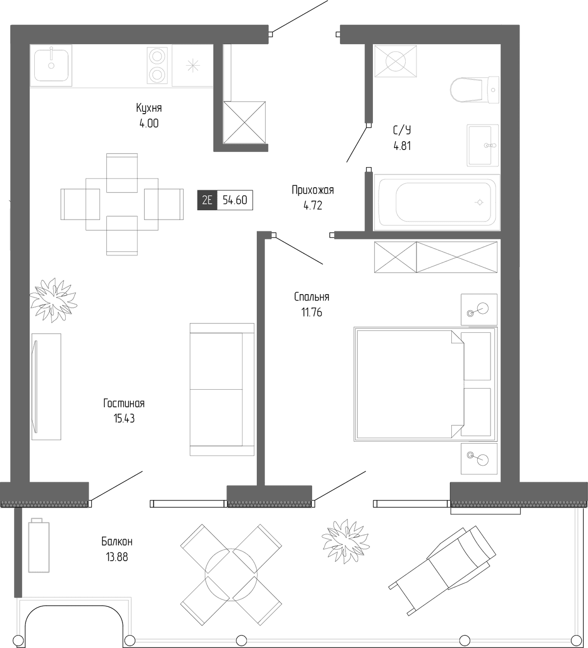 2-к, 54.6 м² · Крымская Резиденция