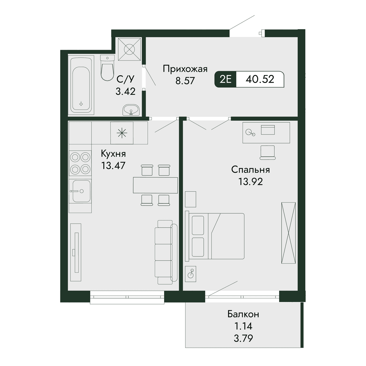 2-к, 40.52 м² · Парковая Резиденция