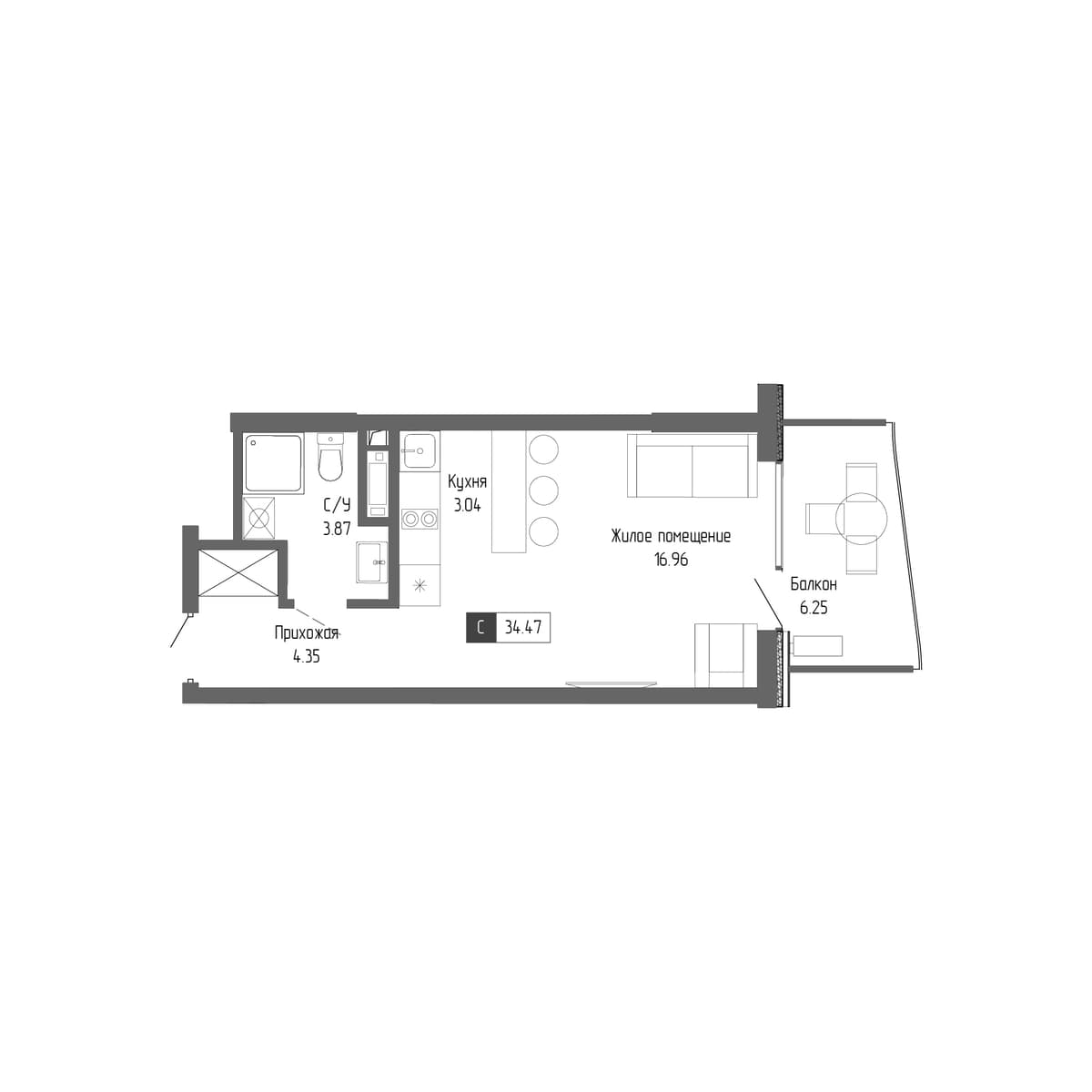 1-к, 34.47 м² · Крымская Резиденция