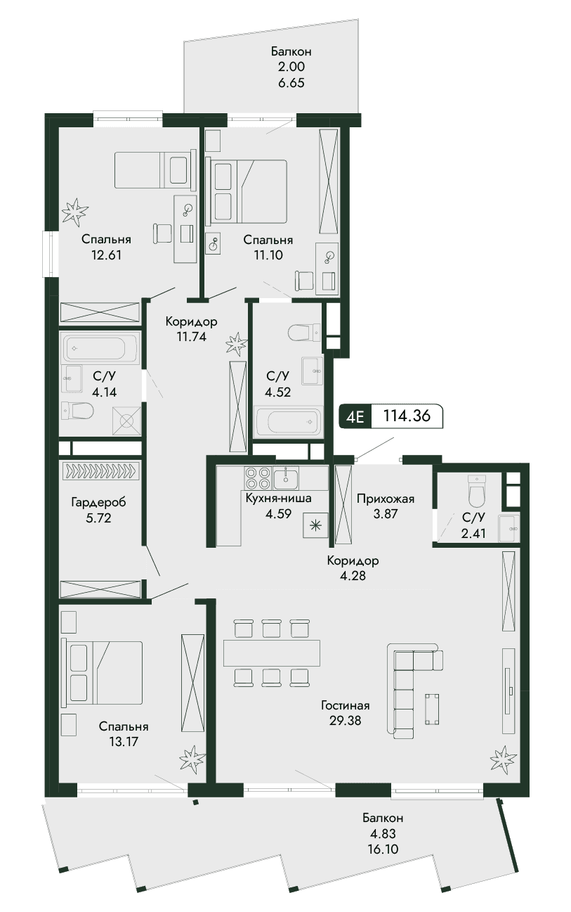 4-к, 114.36 м² · Парковая Резиденция