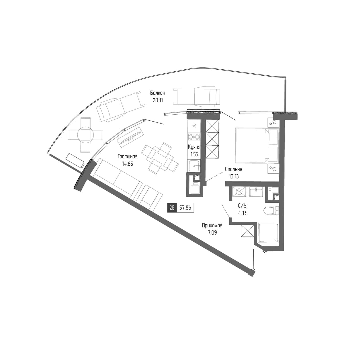 2-к, 57.86 м² · Крымская Резиденция