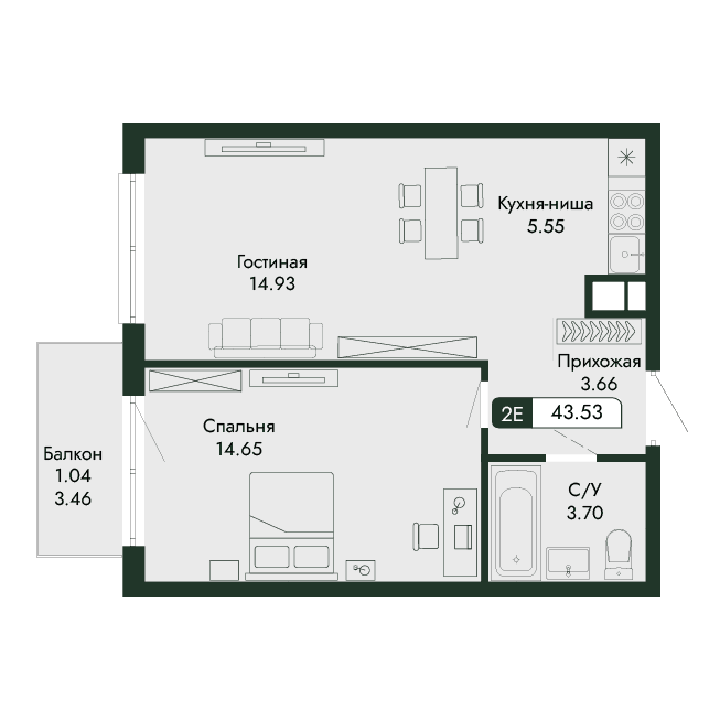 2-к, 43.53 м² · Парковая Резиденция