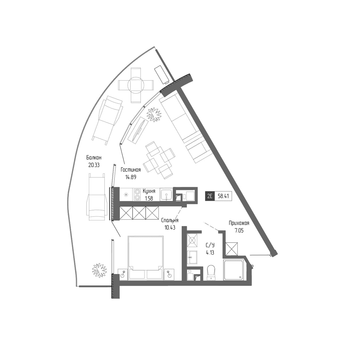 2-к, 58.41 м² · Крымская Резиденция