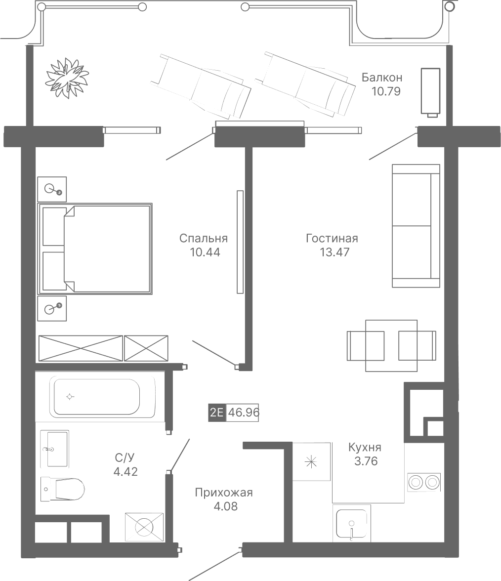 2-к, 46.96 м² · Крымская Резиденция