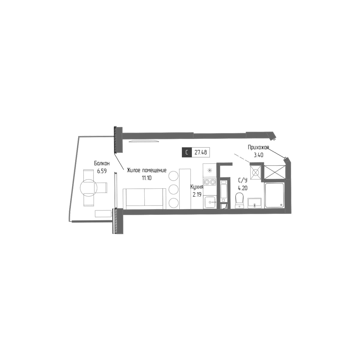 1-к, 27.48 м² · Крымская Резиденция
