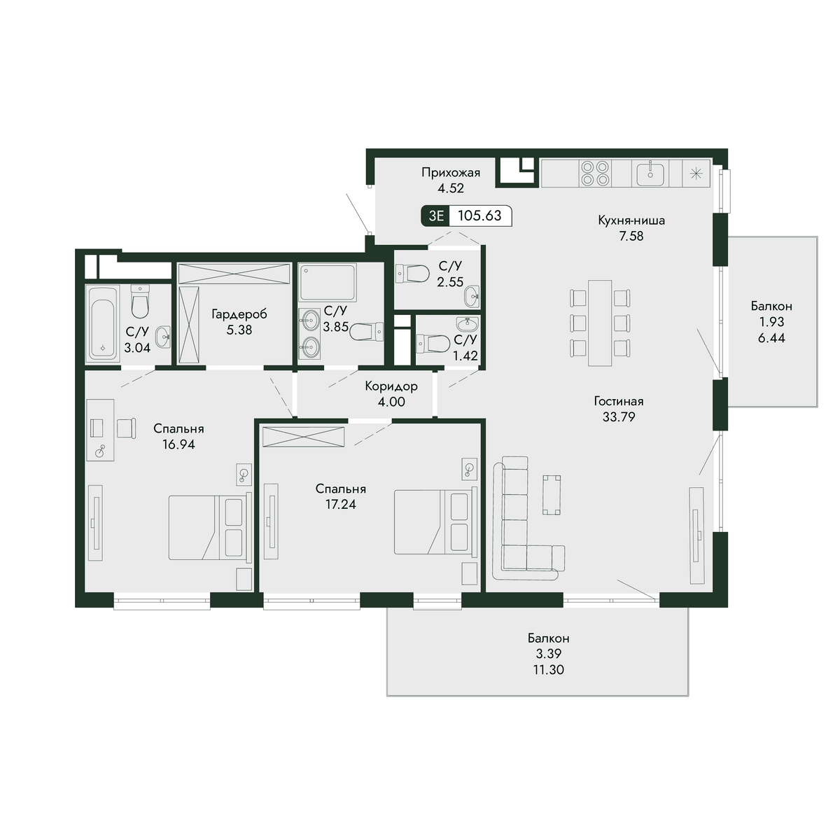 3-к, 105.63 м² · Парковая Резиденция