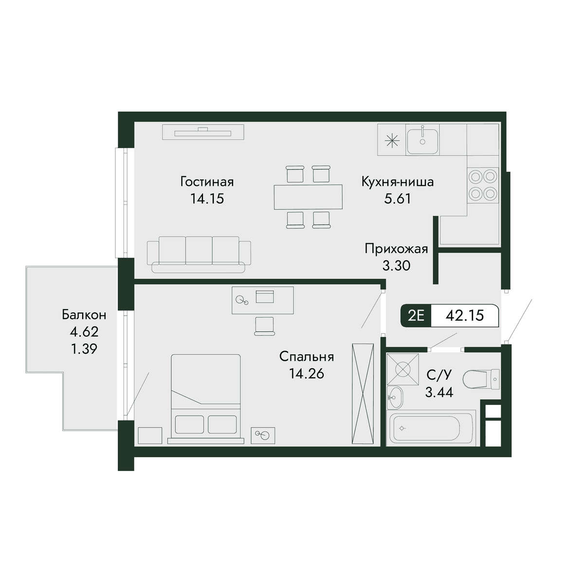 2-к, 42.15 м² · Парковая Резиденция