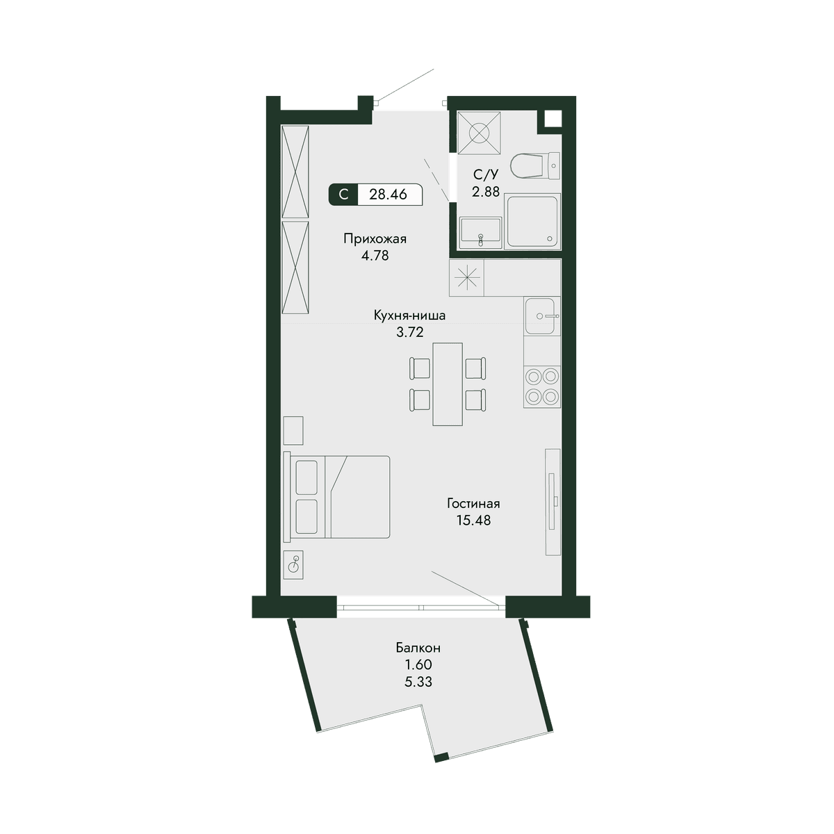 1-к, 28.46 м² · Парковая Резиденция