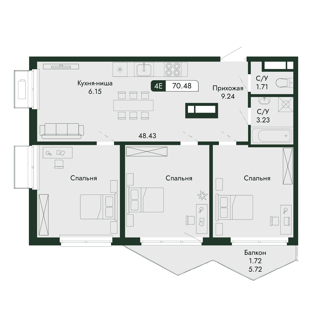 4-к, 70.48 м² · Парковая Резиденция