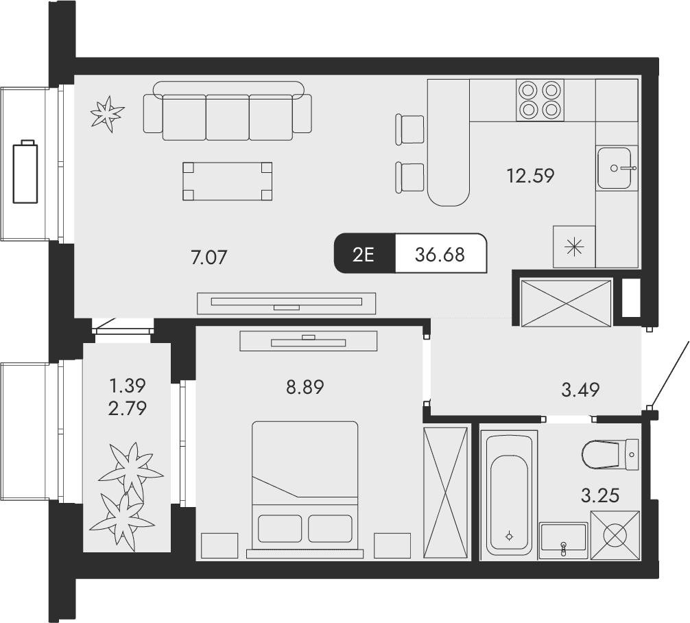 2-к, 36.68 м² · Парковая Резиденция