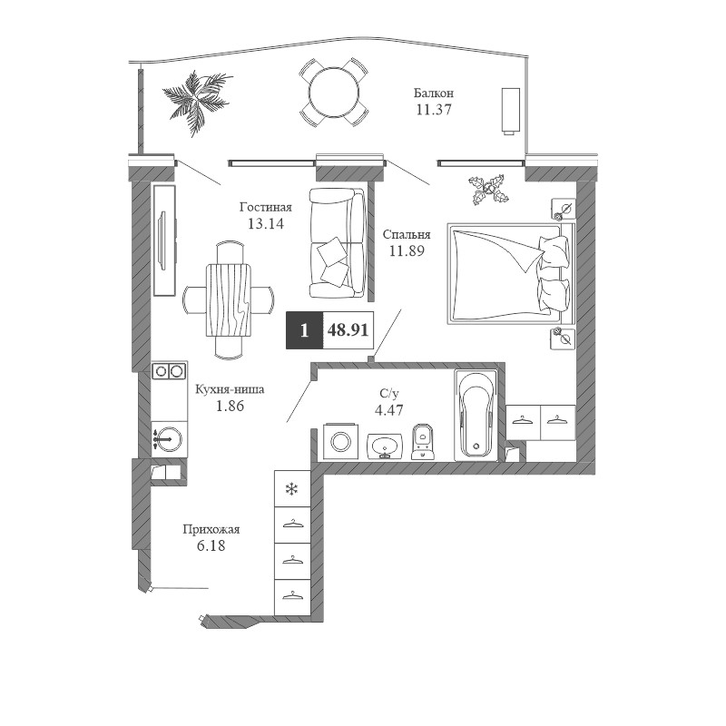 2-к, 48.91 м² · Крымская Резиденция