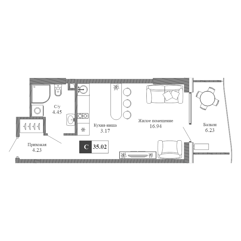 1-к, 35.02 м² · Крымская Резиденция