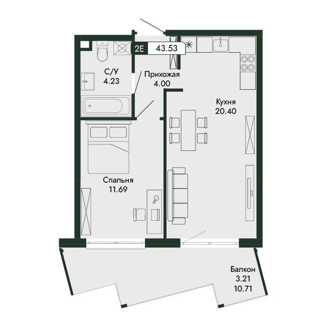 2-к, 43.53 м² · Парковая Резиденция