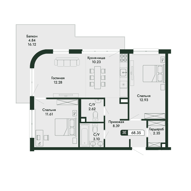 3-к, 68.35 м² · Парковая Резиденция