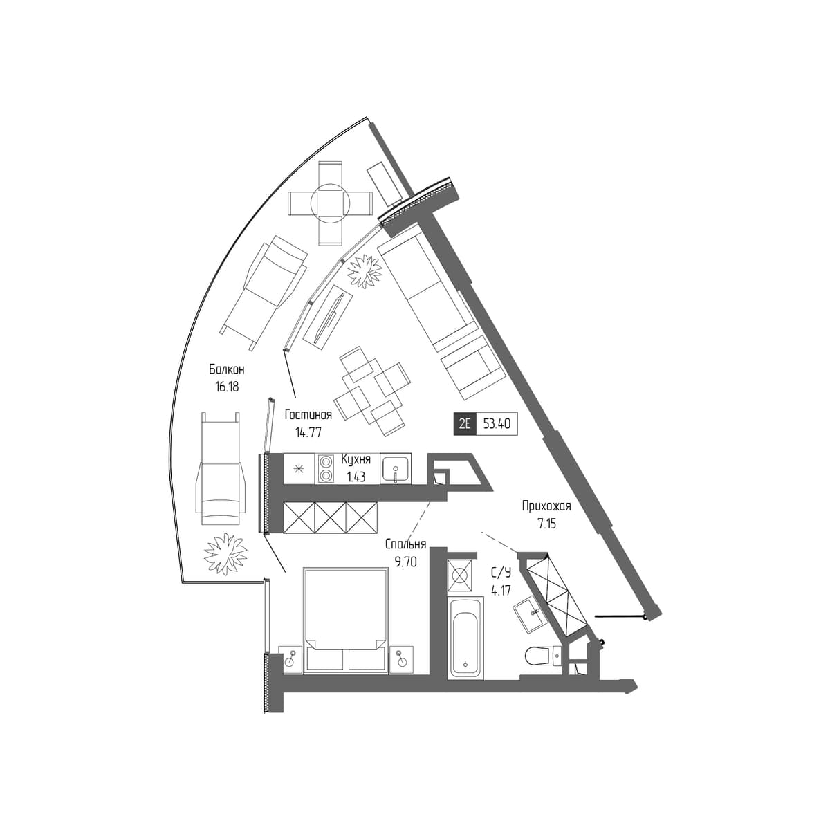 2-к, 53.4 м² · Крымская Резиденция