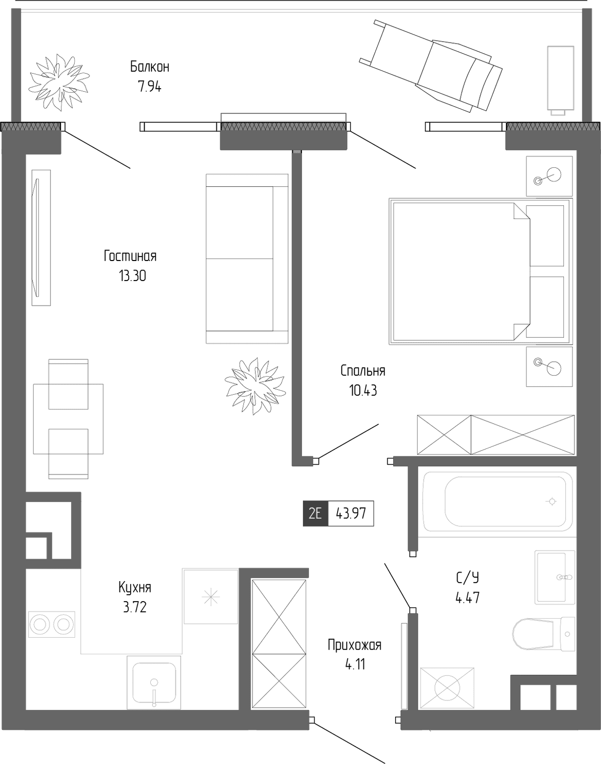 2-к, 43.97 м² · Крымская Резиденция