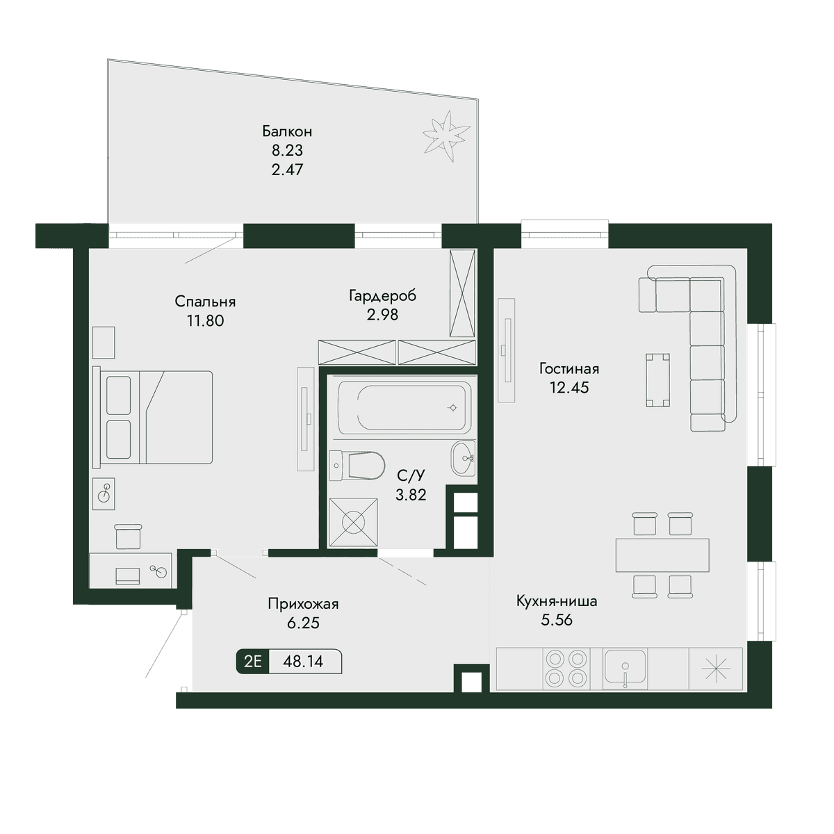 2-к, 45.33 м² · Парковая Резиденция