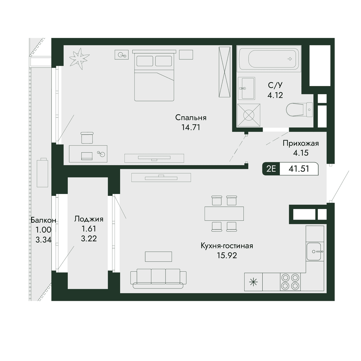 2-к, 41.51 м² · Парковая Резиденция