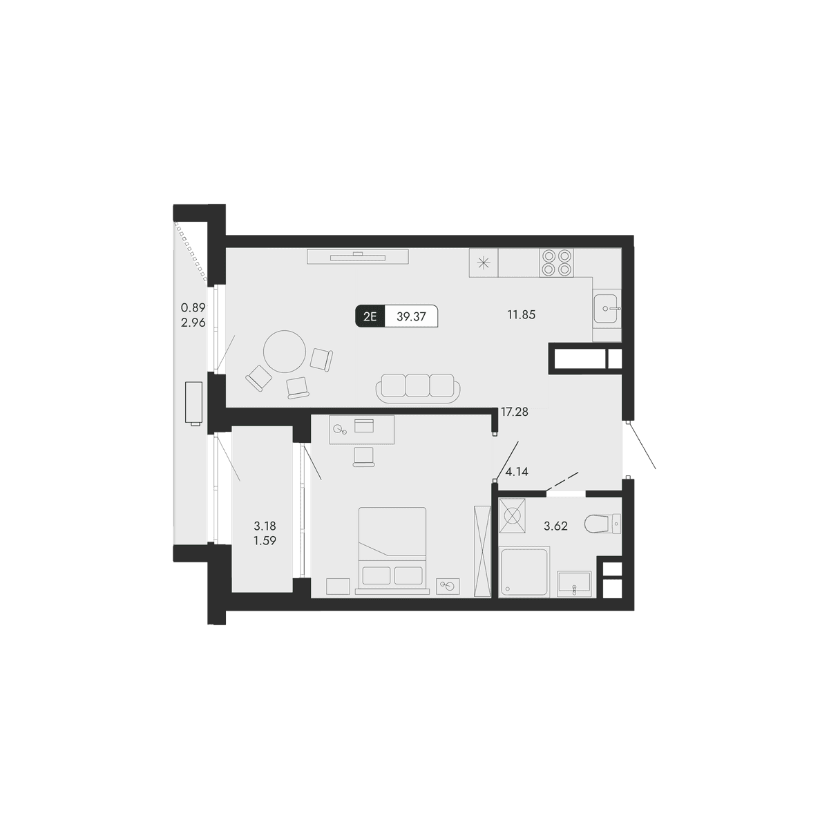 2-к, 39.37 м² · Парковая Резиденция